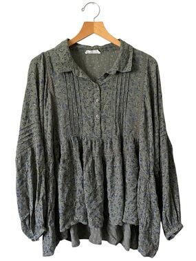 Lucky Brand Floral Lace Peasant Boho Blouse Top Womens Sz L Green Forest Fairy